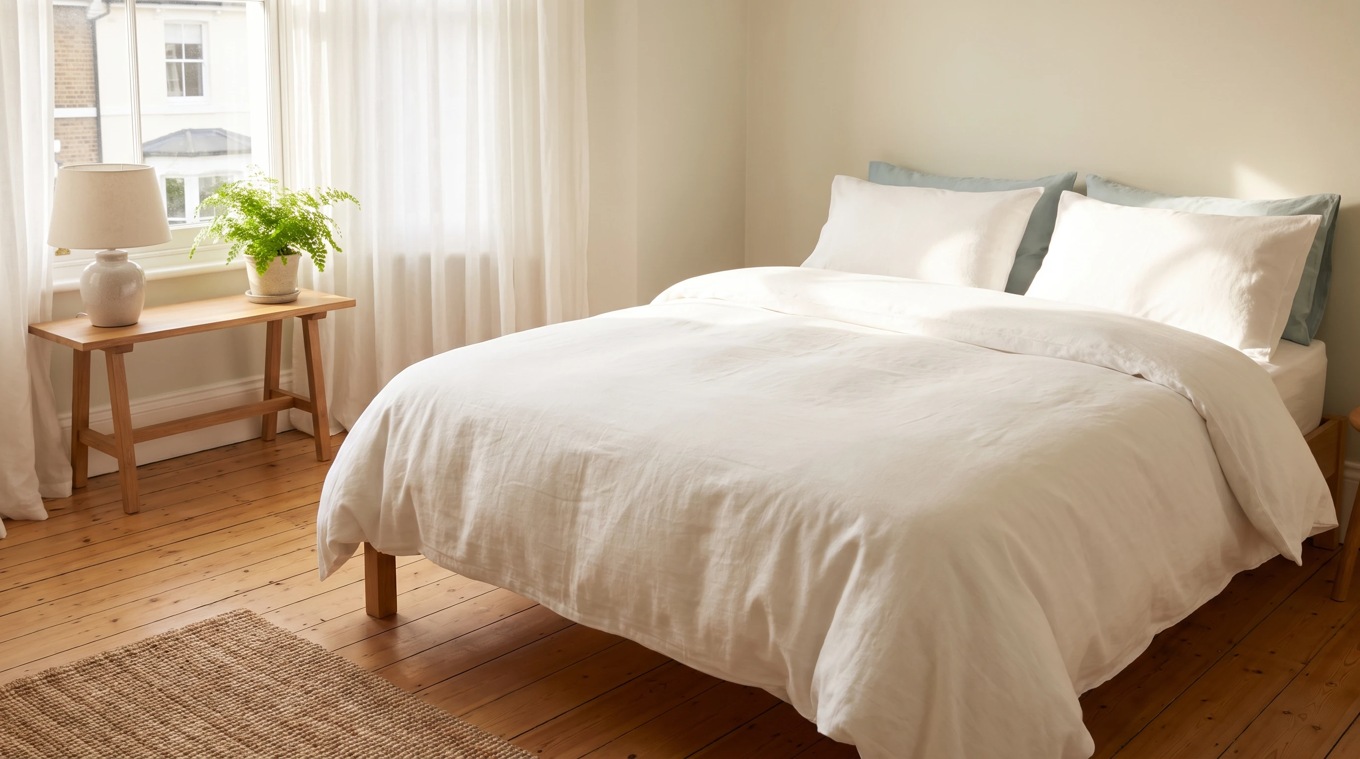 Neatly made bed and clean bedroom in a Mickleover house